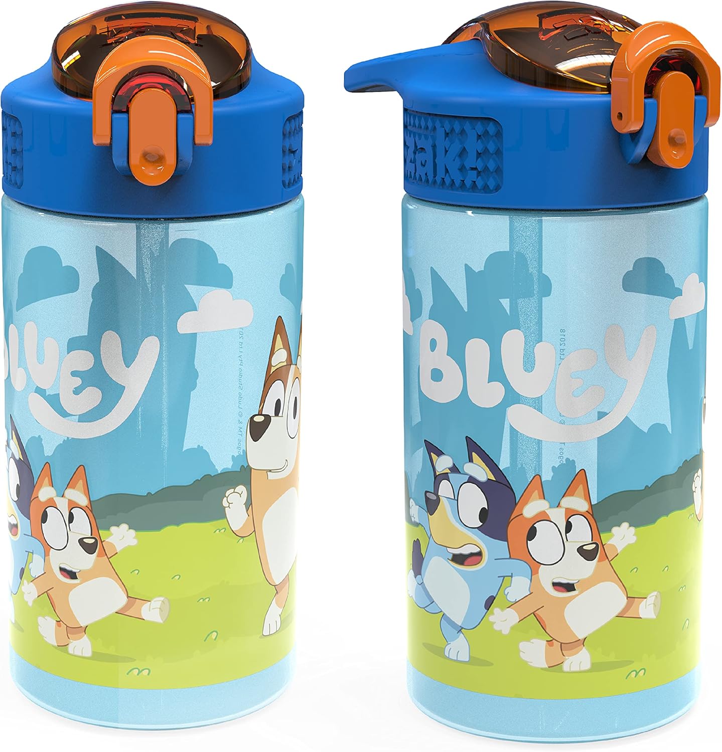 Zak Designs Bluey Kids Durable Plastic Spout Cover and Built-in Carrying Loop, Leak-Proof Water Design for Travel, (16oz, 2pc Set), Bluey Bottle 2pk-0