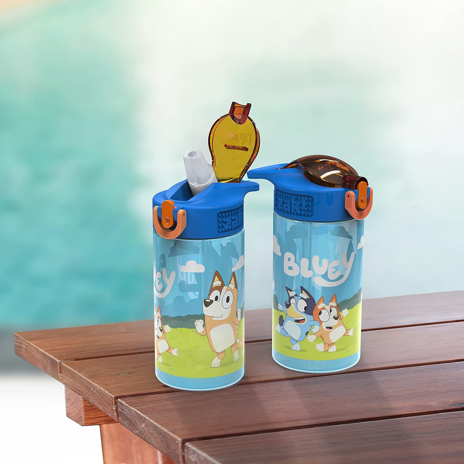 Zak Designs Bluey Kids Durable Plastic Spout Cover and Built-in Carrying Loop, Leak-Proof Water Design for Travel, (16oz, 2pc Set), Bluey Bottle 2pk-1