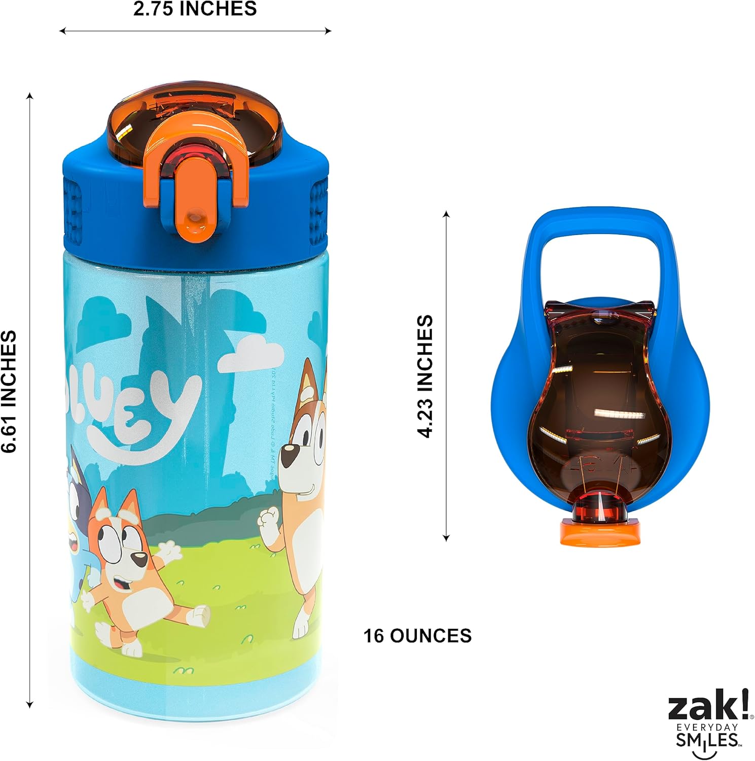 Zak Designs Bluey Kids Durable Plastic Spout Cover and Built-in Carrying Loop, Leak-Proof Water Design for Travel, (16oz, 2pc Set), Bluey Bottle 2pk-2