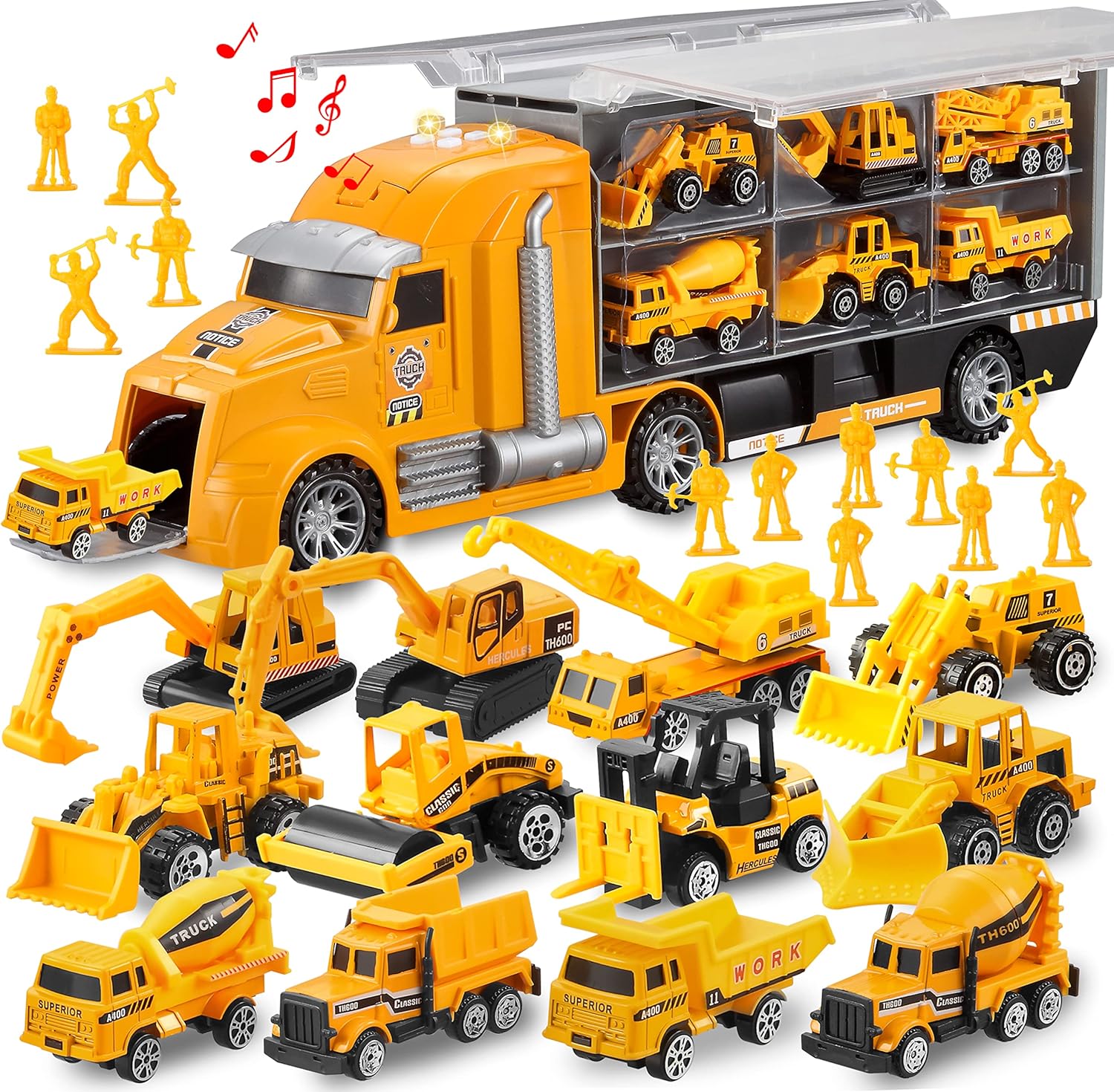 JOYIN 25 in 1 Construction Truck Vehicle Toy Set, Play Vehicles Set with Sounds and Lights in Carrier Truck, Push and Go Vehicle Car Toy, Kids Birthday Gifts for Over 3 Years Old Boys-0