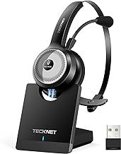 TECKNET Bluetooth 5.0 Headset with Microphone for PC, USB Wireless Headset with Mic for Work, 40Hrs Worktime AI Noise Cancelling On Ear Bluetooth Headphones with Charging Base for Laptop/Call Center