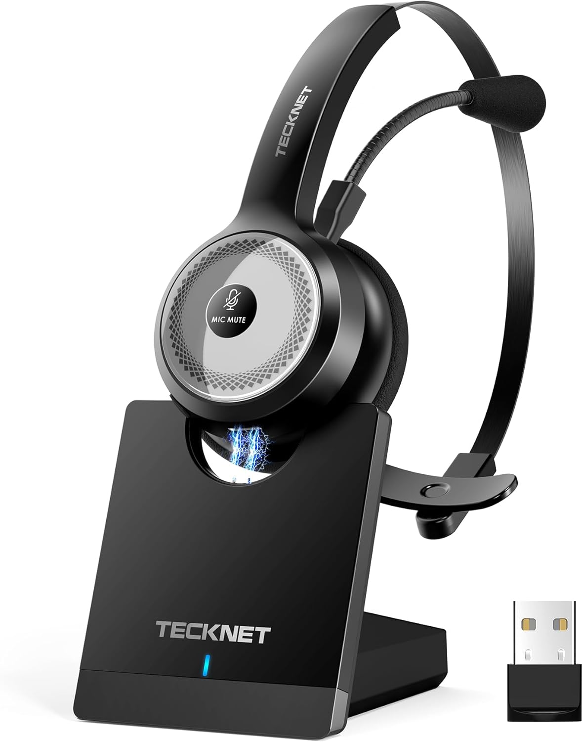 TECKNET Bluetooth 5.0 Headset with Microphone for PC, USB Wireless Headset with Mic for Work, 40Hrs Worktime AI Noise Cancelling On Ear Bluetooth Headphones with Charging Base for Laptop/Call Center-0