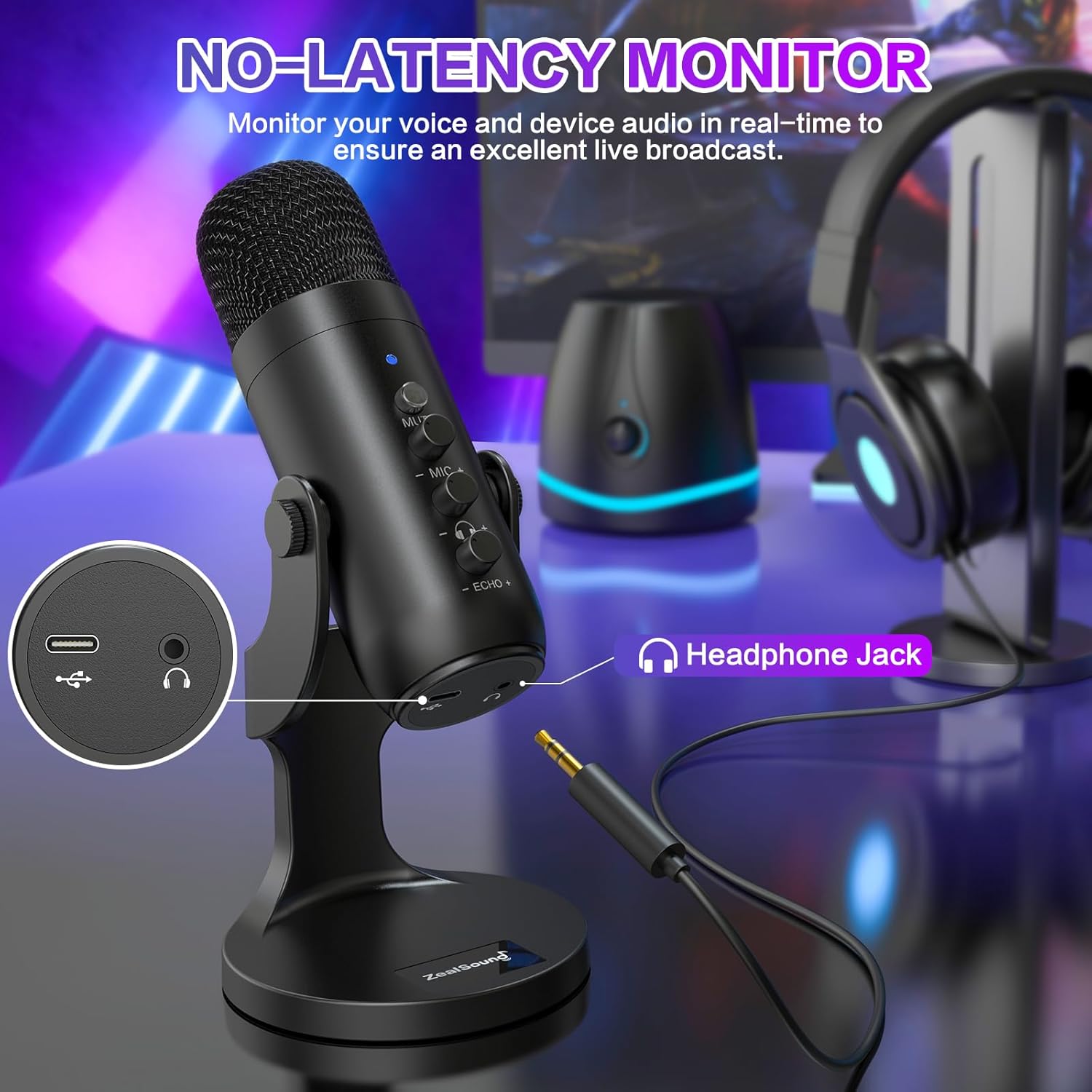 ZealSound USB Microphone,Condenser Computer PC Mic,Plug&Play Gaming Microphones for PS 4&5.Headphone Output&Volume Control,Mic Gain Control,Mute Button Vocal,YouTube Podcast on Mac&Windows(Black)-4