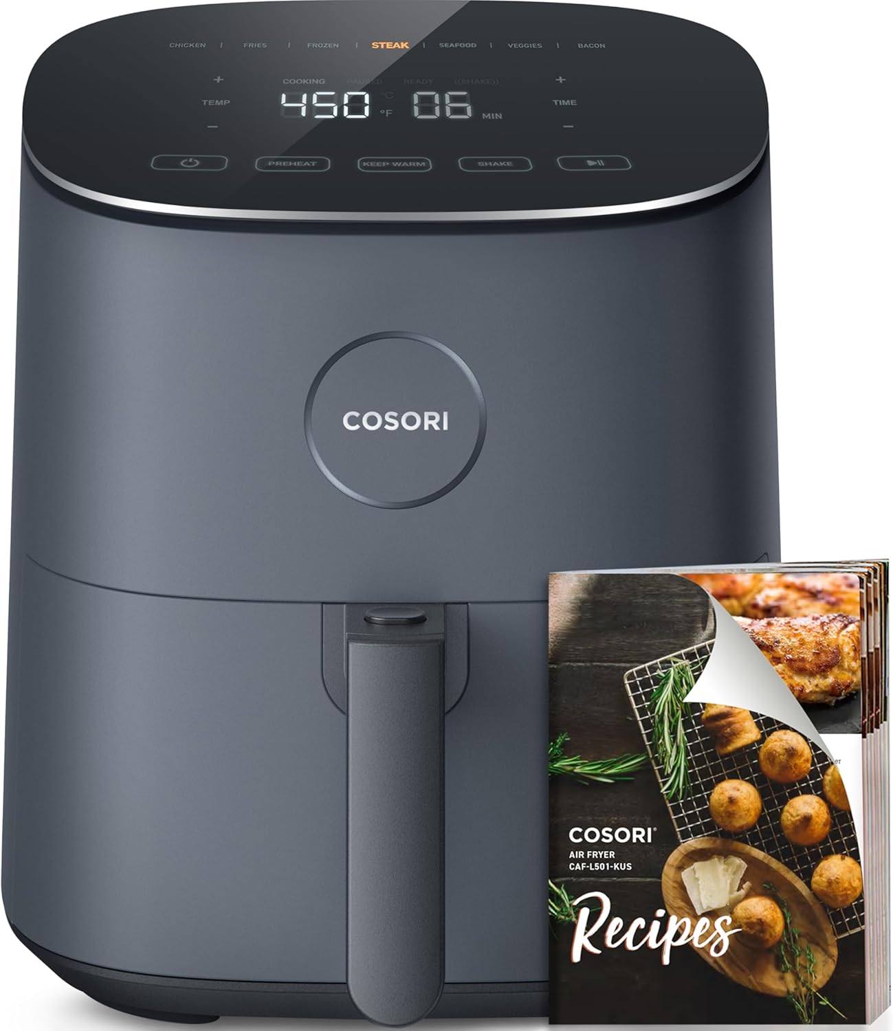 COSORI Air Fryer 5 Qt, Max 450F for Juicy Meat, Veggies, Frozen Food, Glass Touch Panel, 130+ In-App Recipes, Little to No Oil, Compact for Small Family, Non-Stick Basket for Easy Clean, Gray-0