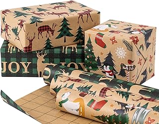 RUSPEPA Christmas Wrapping Paper Rolls with Tags and Jute String - 17 inches x 10 feet per Roll, Total of 3 Rolls