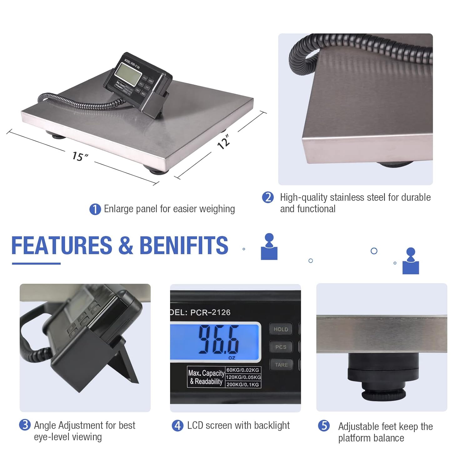 Large 440lbs Shipping Scale, 15"X 12" Platform Heavy Duty Stainless Steel Platform for Postal Industrial Floor Business Office Home Warehouse Package Lugggage-4