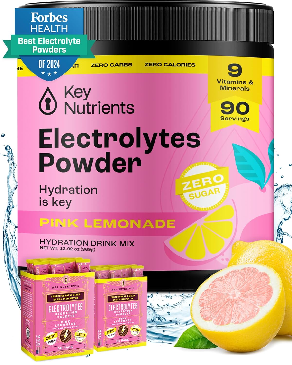 KEY NUTRIENTS Multivitamin Electrolytes Powder No Sugar - Fresh Pink Lemonade Electrolyte Powder - Endurance & Energy Supplement - Hydration Powder - No Calories - 90 Servings - Made in USA-0