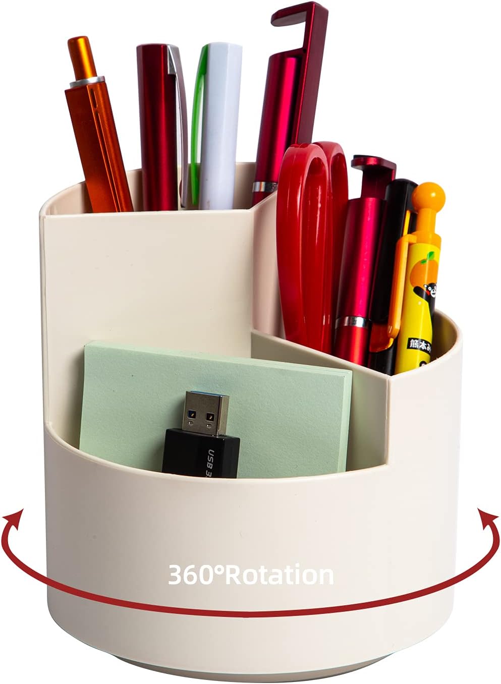 Desk Pencil Pen Holder, 3 Slots 360-Degree Spinning Pencil Pen Desk Organizers, Desktop Storage Pen Organizers Stationery Supplies, Cute Pencil Cup Pot for Office, Art Supply - White-0