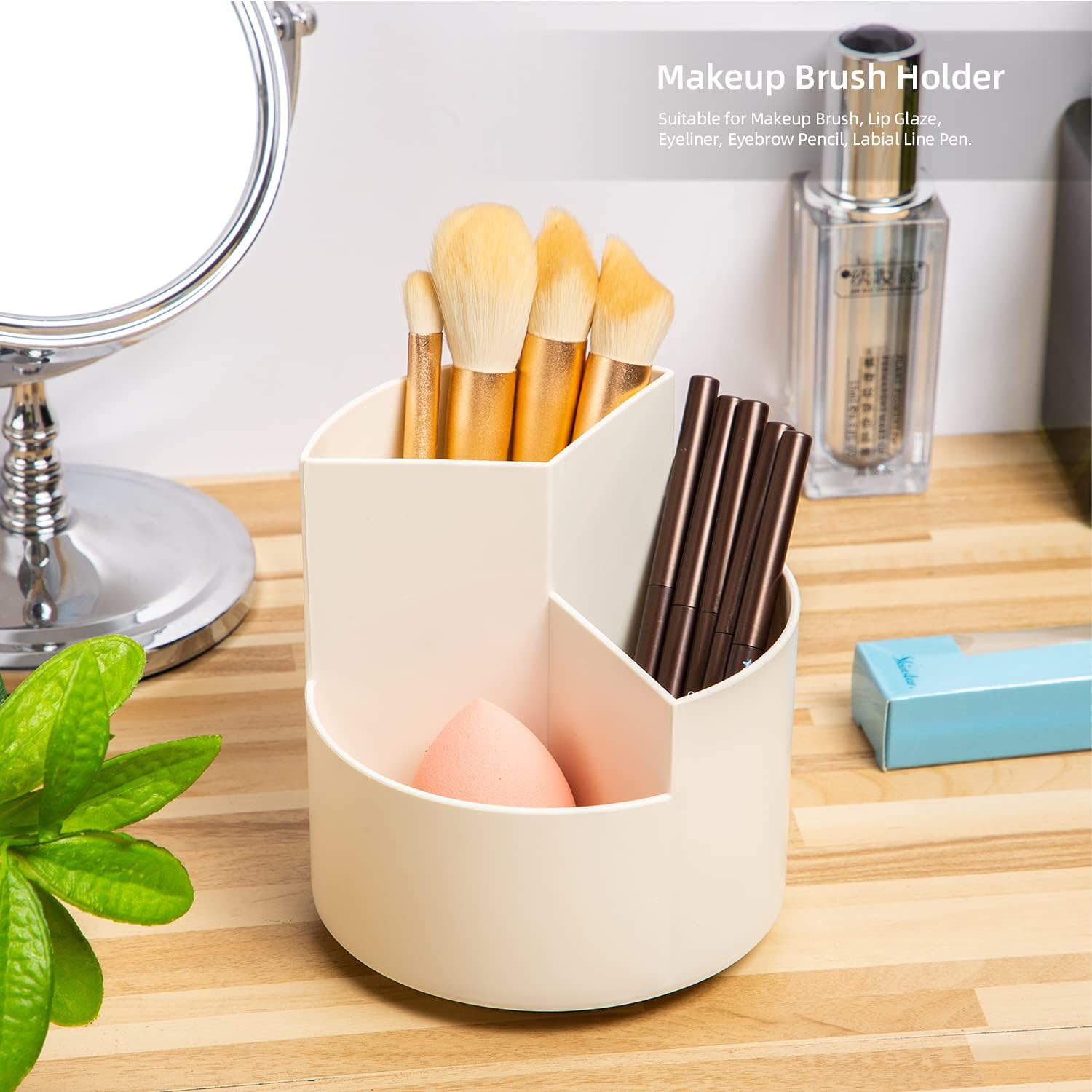 Desk Pencil Pen Holder, 3 Slots 360-Degree Spinning Pencil Pen Desk Organizers, Desktop Storage Pen Organizers Stationery Supplies, Cute Pencil Cup Pot for Office, Art Supply - White-5