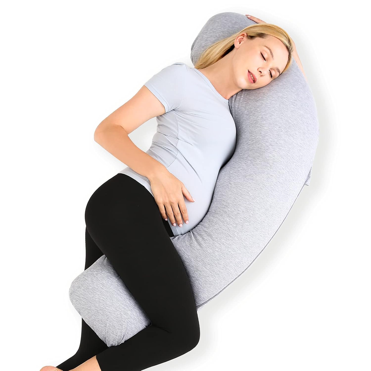 Momcozy Pregnancy Pillows for Side Sleeping, J Shaped Maternity Body Pillow for Pregnancy, Soft Pregnancy Pillow with Jersey Cover for Head Neck Belly Support, Grey-0