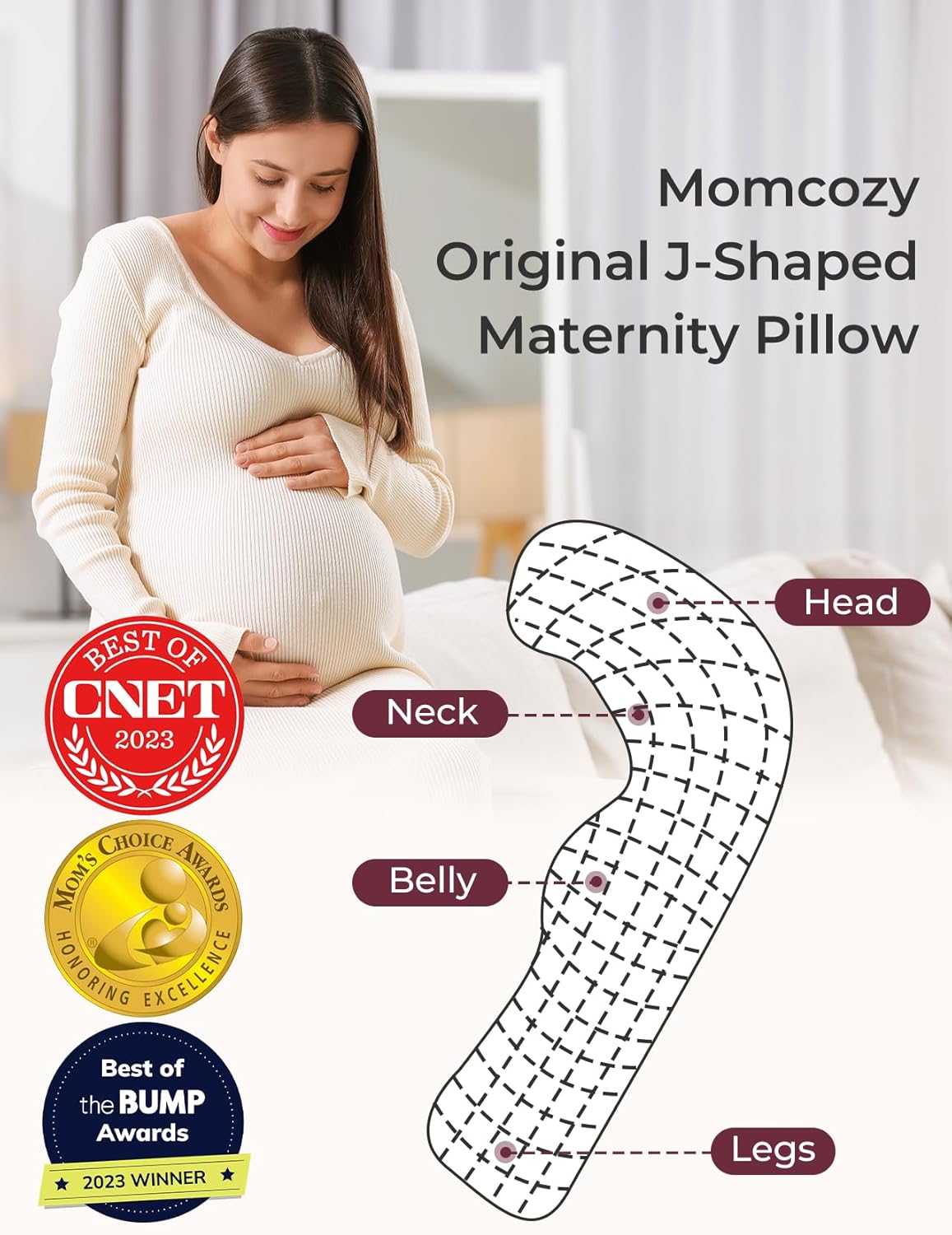 Momcozy Pregnancy Pillows for Side Sleeping, J Shaped Maternity Body Pillow for Pregnancy, Soft Pregnancy Pillow with Jersey Cover for Head Neck Belly Support, Grey-1