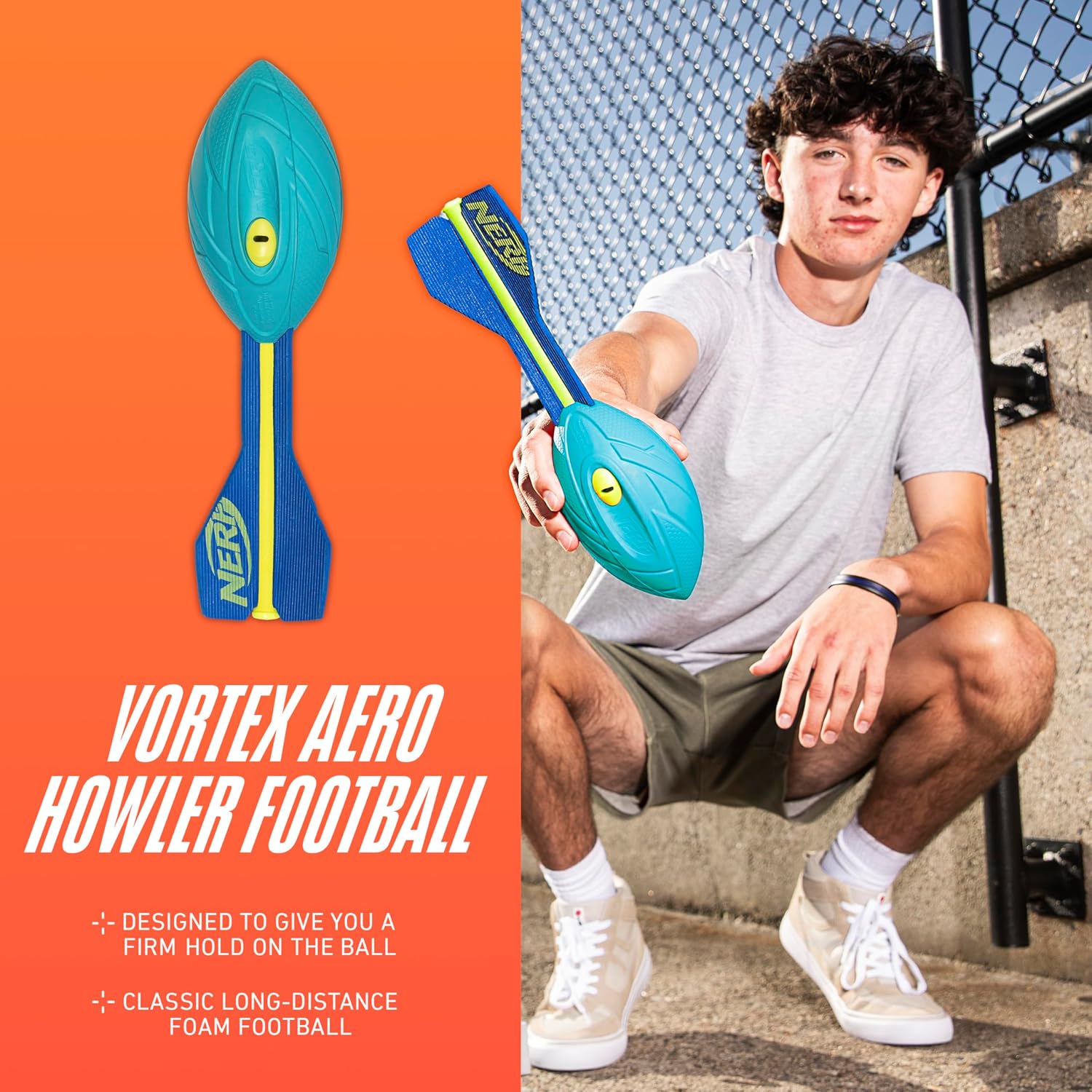 NERF Neon Vortex Aero Howler Foam Football - NERF Soft Vortex Football for Long-Distance Throws - Perfect for Pool + Beach Football - Kids Aero Howler Whistle Vortex Foam Ball - Neon-1