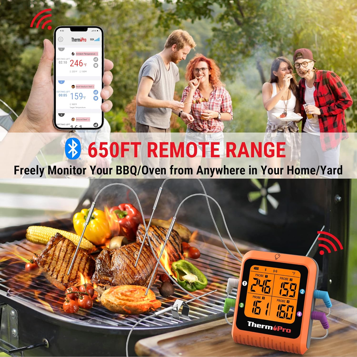 ThermoPro TP930 650FT Wireless Meat Thermometer, Bluetooth Meat Thermometer with 4 Color-Coded Meat Probes, Grill Thermometer with Timer, Commercial Cooking Tools & Utensils Meat Thermometer Wireless-1