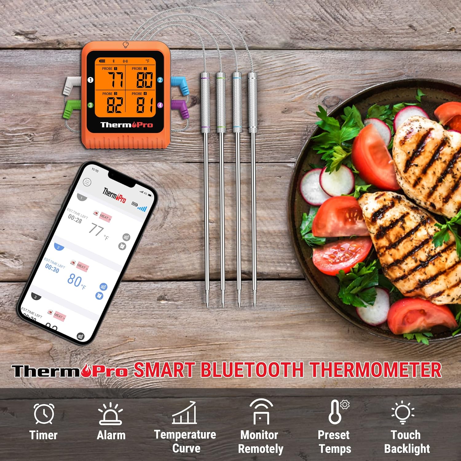 ThermoPro TP930 650FT Wireless Meat Thermometer, Bluetooth Meat Thermometer with 4 Color-Coded Meat Probes, Grill Thermometer with Timer, Commercial Cooking Tools & Utensils Meat Thermometer Wireless-3