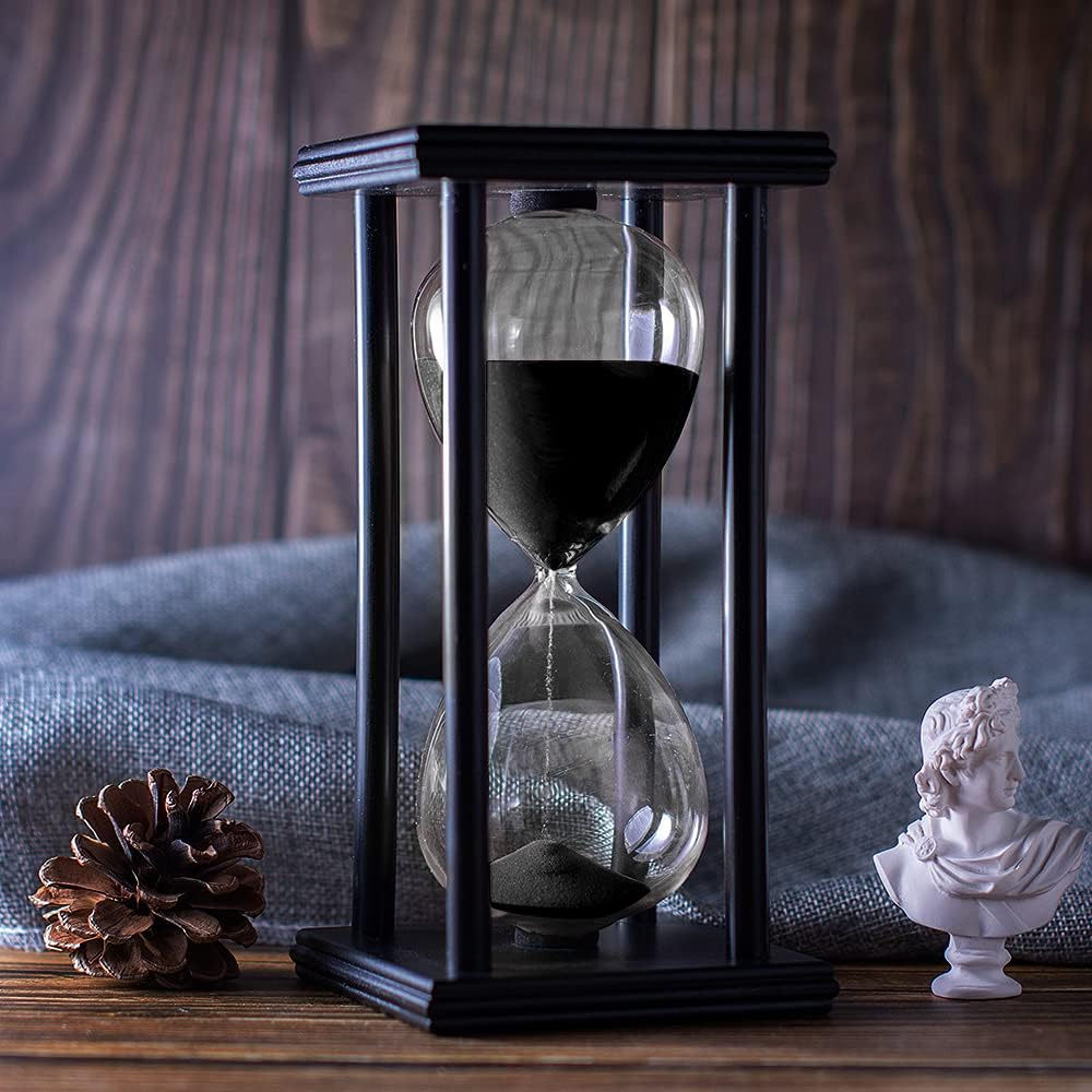 Hourglass Timer with Black Sand, 60 Minute Wooden Frame Sand Timer, Creative Handcraft Decoration-0