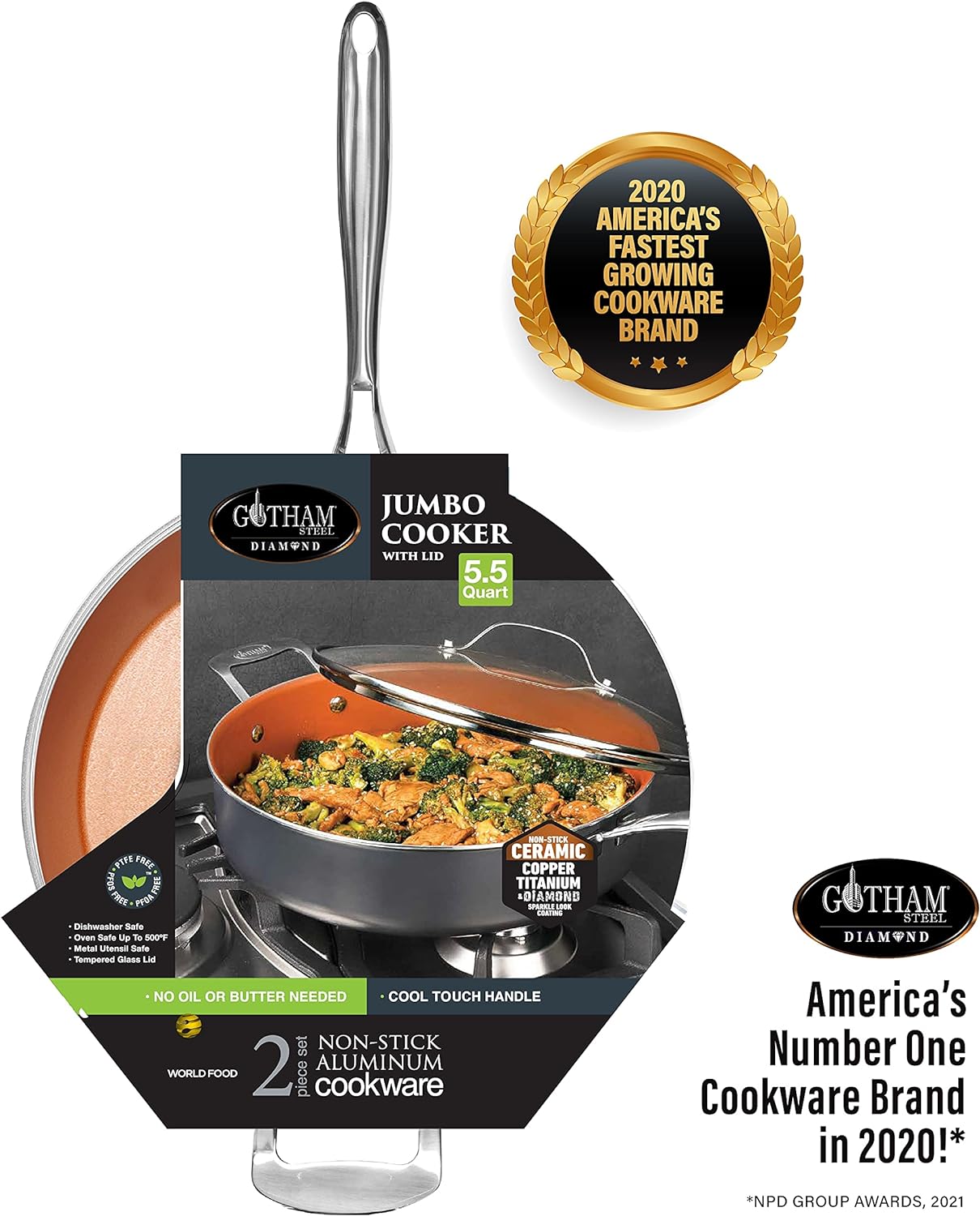 Gotham Steel Nonstick Deep Saute Pan with Lid – 5.5 Quart Large Ceramic Jumbo Cooker 12 Inch Frying Pan with Lid, Stay Cool Handle + Helper Handle, Oven & Dishwasher Safe, 100% PFOA Free-4