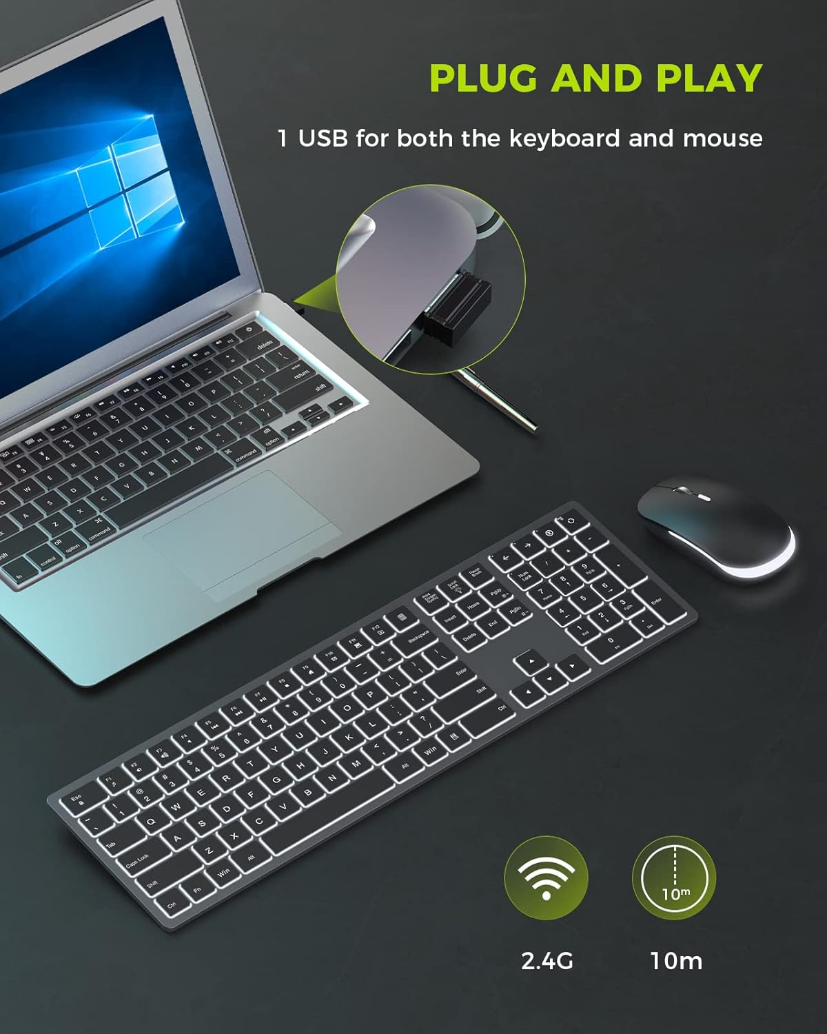 seenda Wireless Backlit Keyboard and Mouse Combo, 2.4G USB Silent Keyboard and Mouse Rechargeable Full-Size Ultra Slim Keyboard & Mouse Set for Windows PC Computer, Laptop, Desktop-6