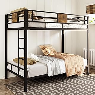 Allewie Twin Over Twin Bunk Bed with Rustic Wooden Accents, Sturdy Metal Frame, Space-Saving Design, Noise-Free, Black