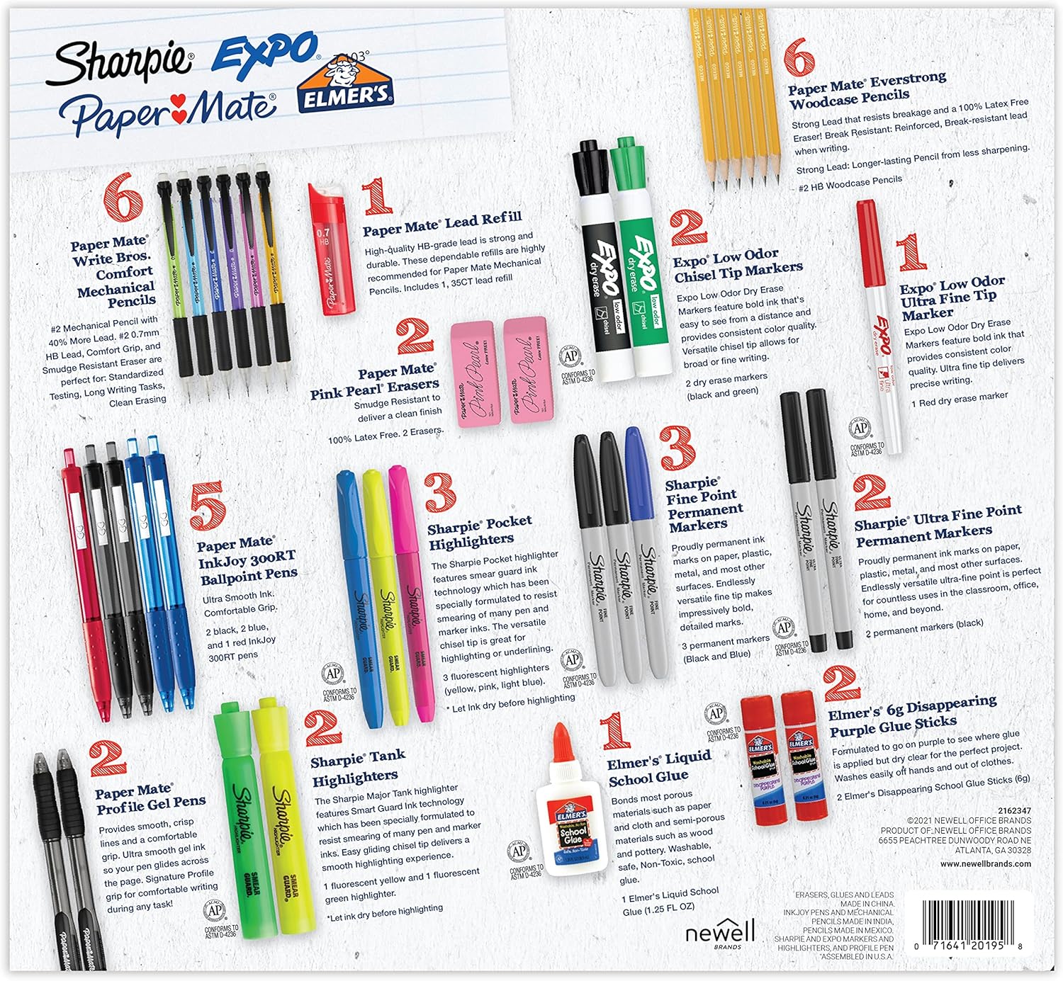 School Supplies Kit, Highlighters, Mechanical Pencils, Glue Sticks, Erasers, Permanent Markers, Gel Pens, Pencils, School Glue and more from Sharpie, Elmer’s, Paper Mate, & Expo, 38 pieces-1