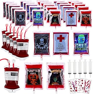 Halloween Blood Bags Party Supplies - 40PCS Blood Bags for Drinks 30 Reusable Drink Pouches+5 Syringes+5PCS Bloody Tattoos, Blood Bags for Vampire Zombie Costumes Halloween Party Favors Decorations