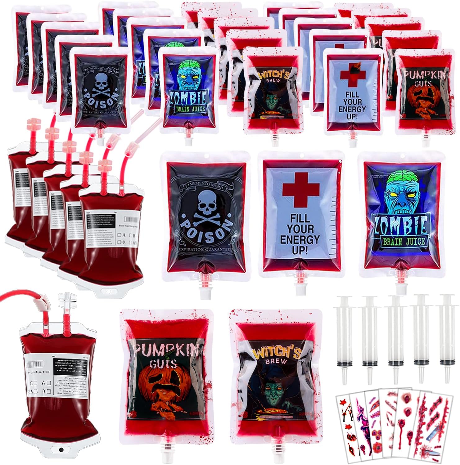 Halloween Blood Bags Party Supplies - 40PCS Blood Bags for Drinks 30 Reusable Drink Pouches+5 Syringes+5PCS Bloody Tattoos, Blood Bags for Vampire Zombie Costumes Halloween Party Favors Decorations-0