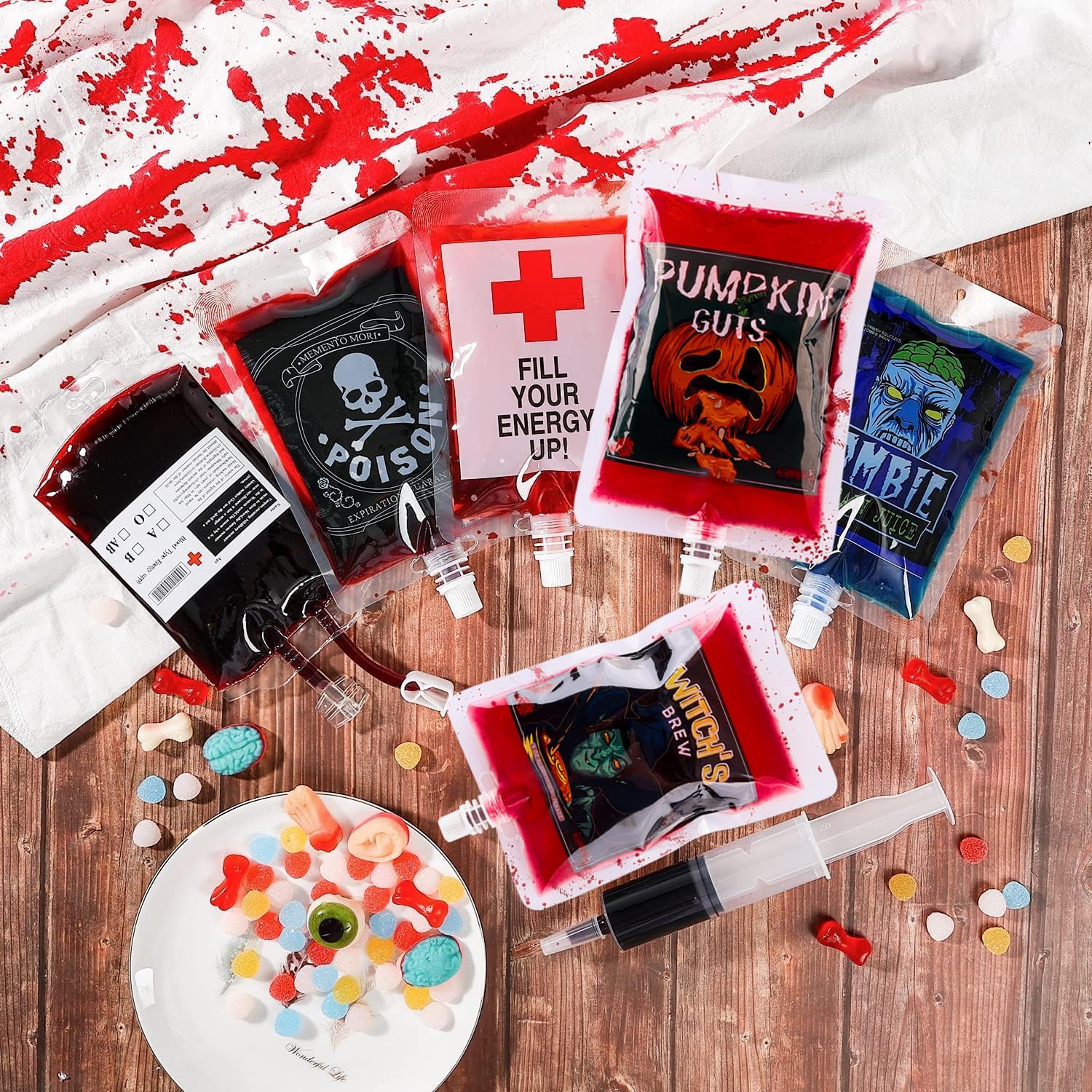 Halloween Blood Bags Party Supplies - 40PCS Blood Bags for Drinks 30 Reusable Drink Pouches+5 Syringes+5PCS Bloody Tattoos, Blood Bags for Vampire Zombie Costumes Halloween Party Favors Decorations-1