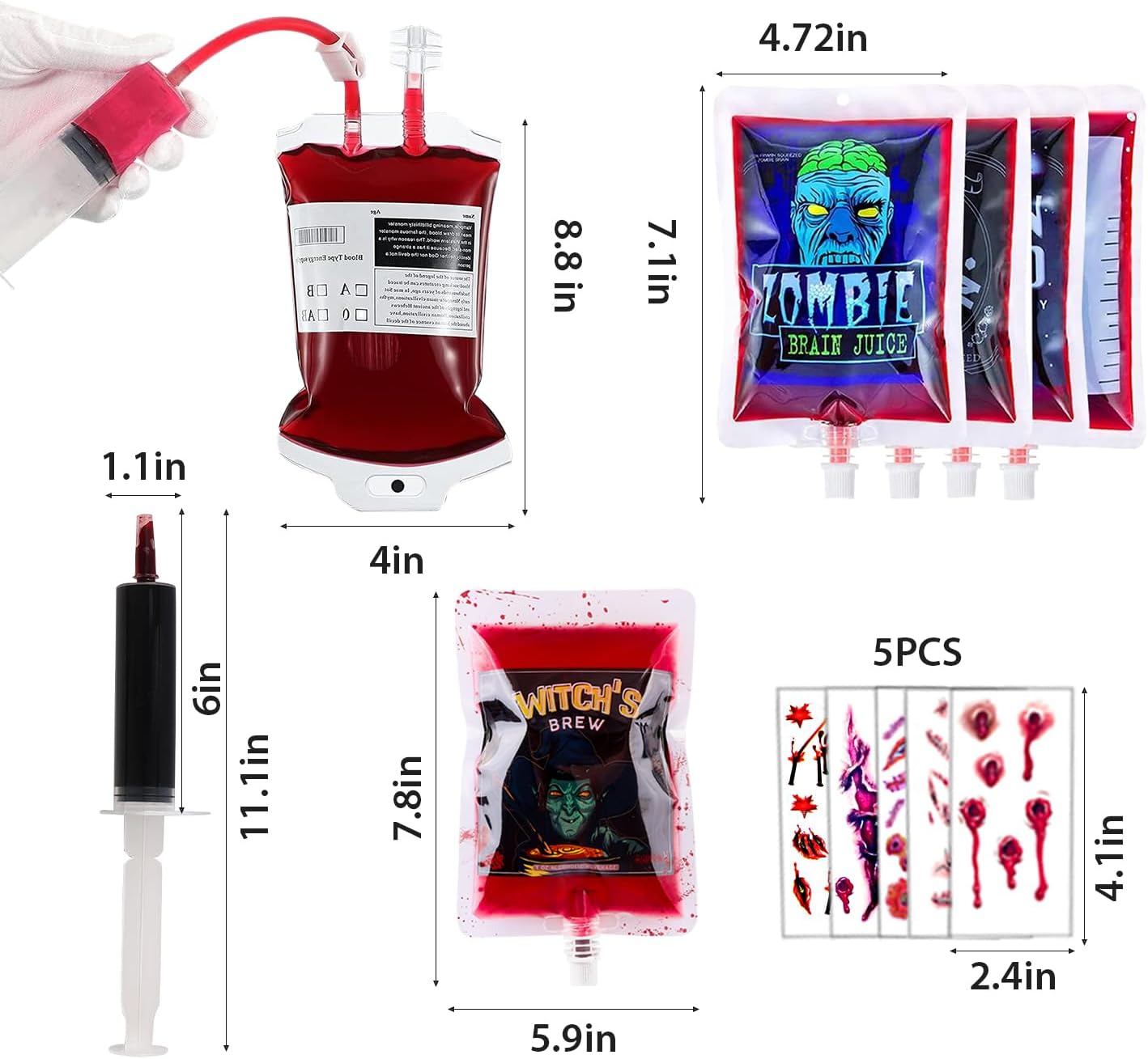 Halloween Blood Bags Party Supplies - 40PCS Blood Bags for Drinks 30 Reusable Drink Pouches+5 Syringes+5PCS Bloody Tattoos, Blood Bags for Vampire Zombie Costumes Halloween Party Favors Decorations-2