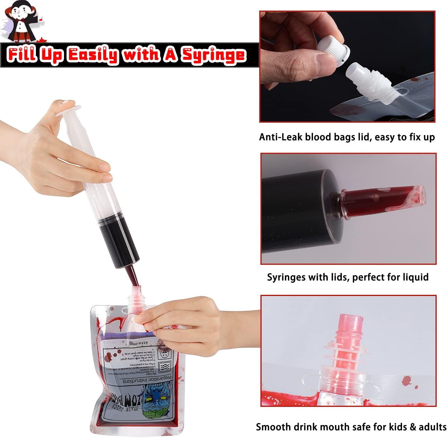 Halloween Blood Bags Party Supplies - 40PCS Blood Bags for Drinks 30 Reusable Drink Pouches+5 Syringes+5PCS Bloody Tattoos, Blood Bags for Vampire Zombie Costumes Halloween Party Favors Decorations-4