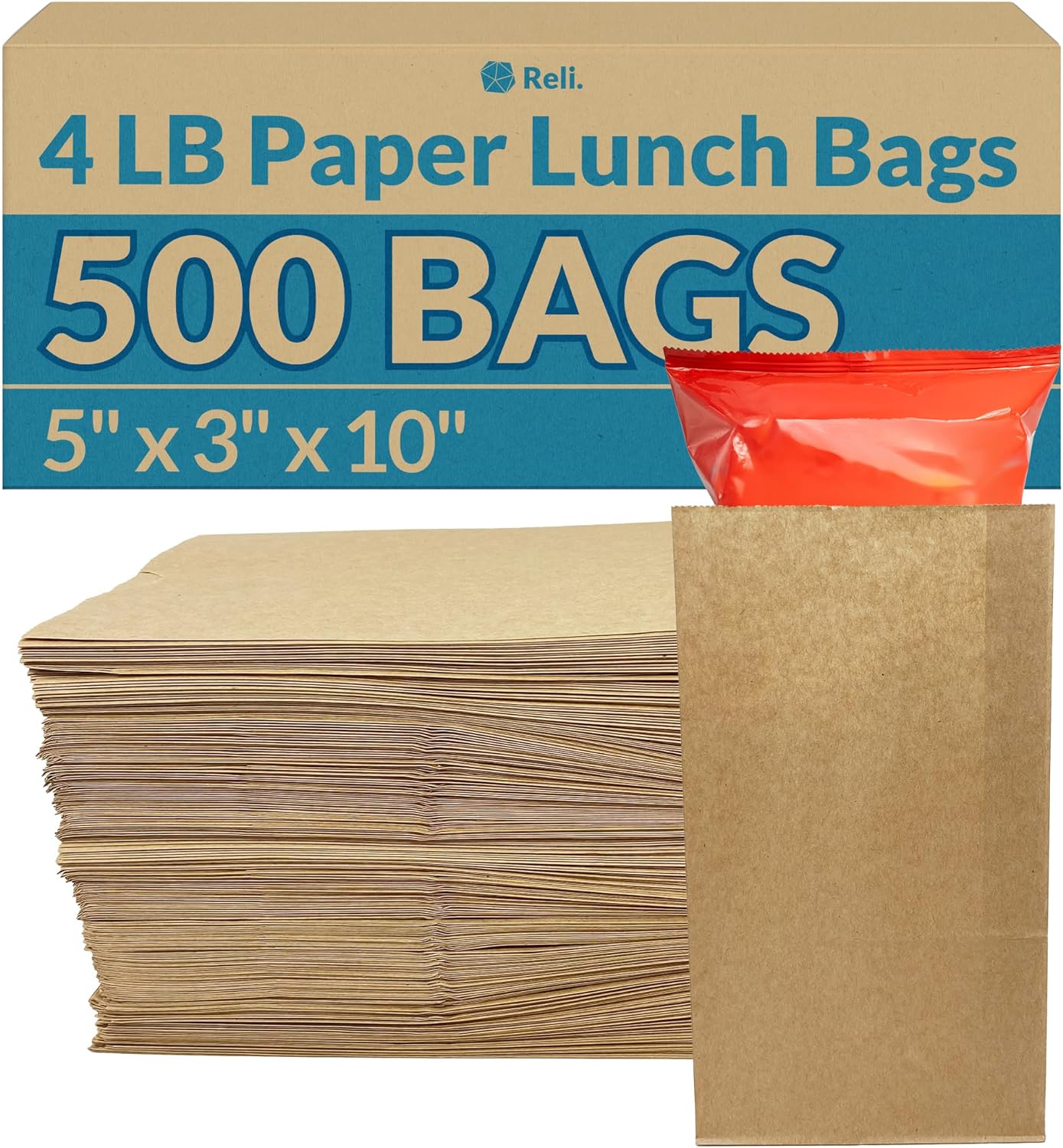 Reli. Paper Lunch Bags, 4 Lb | 500 Pcs - Bulk | Brown Paper Bags 4 lb Capacity | Kraft Paper Lunch Bags/Small Grocery Bags | Brown Paper Sacks for Snacks, Crafts, Lunch | Brown/Kraft-0