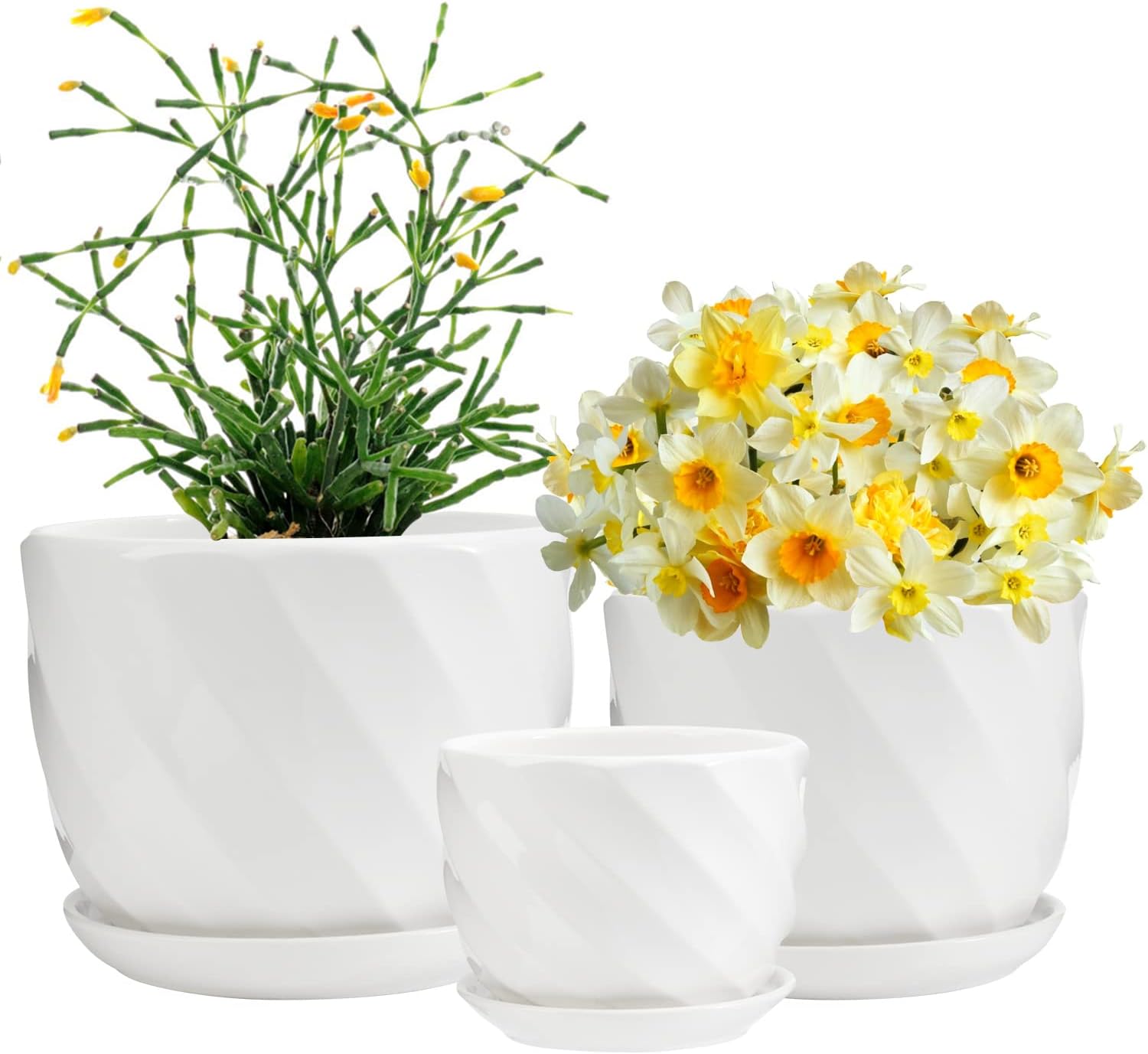 Laerjin Plant Pots 4.05" & 5.51" & 6.77" Flower Pot, Ceramic Garden Plant Pots with Connected Saucer for Garden, Set of 3 in Different Sizes-0