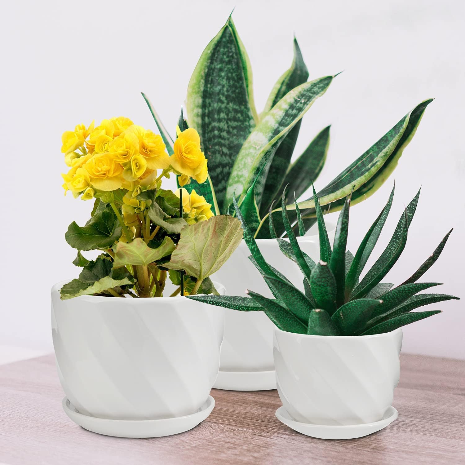 Laerjin Plant Pots 4.05" & 5.51" & 6.77" Flower Pot, Ceramic Garden Plant Pots with Connected Saucer for Garden, Set of 3 in Different Sizes-4