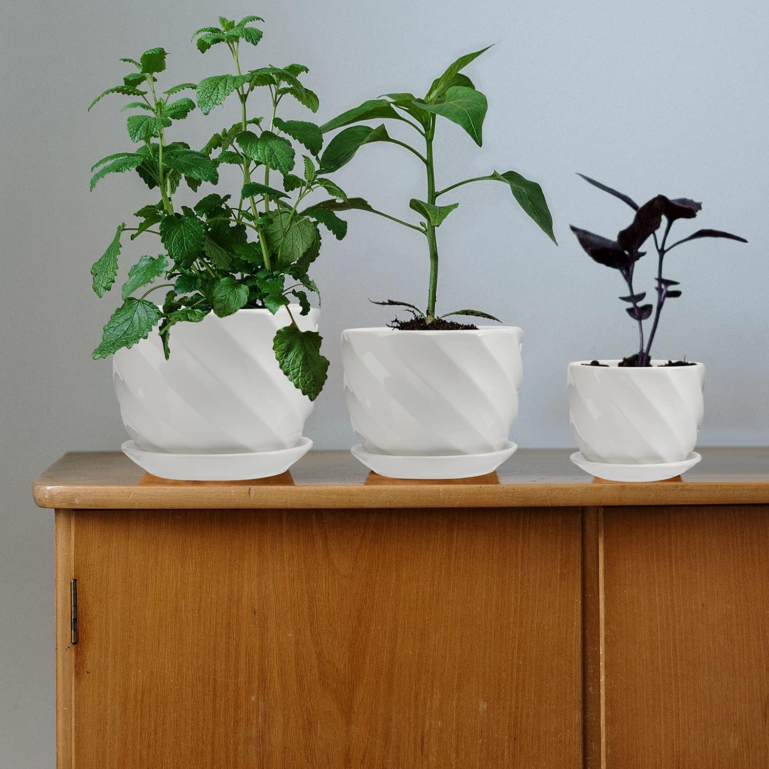 Laerjin Plant Pots 4.05" & 5.51" & 6.77" Flower Pot, Ceramic Garden Plant Pots with Connected Saucer for Garden, Set of 3 in Different Sizes-6