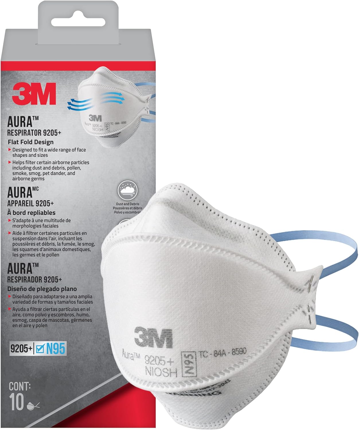 3M Aura Particulate Respirator 9205+ N95, Lightweight, Three Panel Designed Respirator Helps Provide Comfortable And Convenient Respiratory Protection, 10-Pack-0