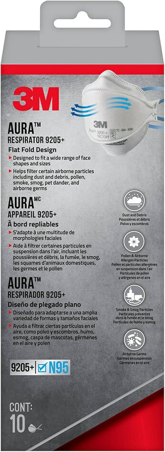 3M Aura Particulate Respirator 9205+ N95, Lightweight, Three Panel Designed Respirator Helps Provide Comfortable And Convenient Respiratory Protection, 10-Pack-1