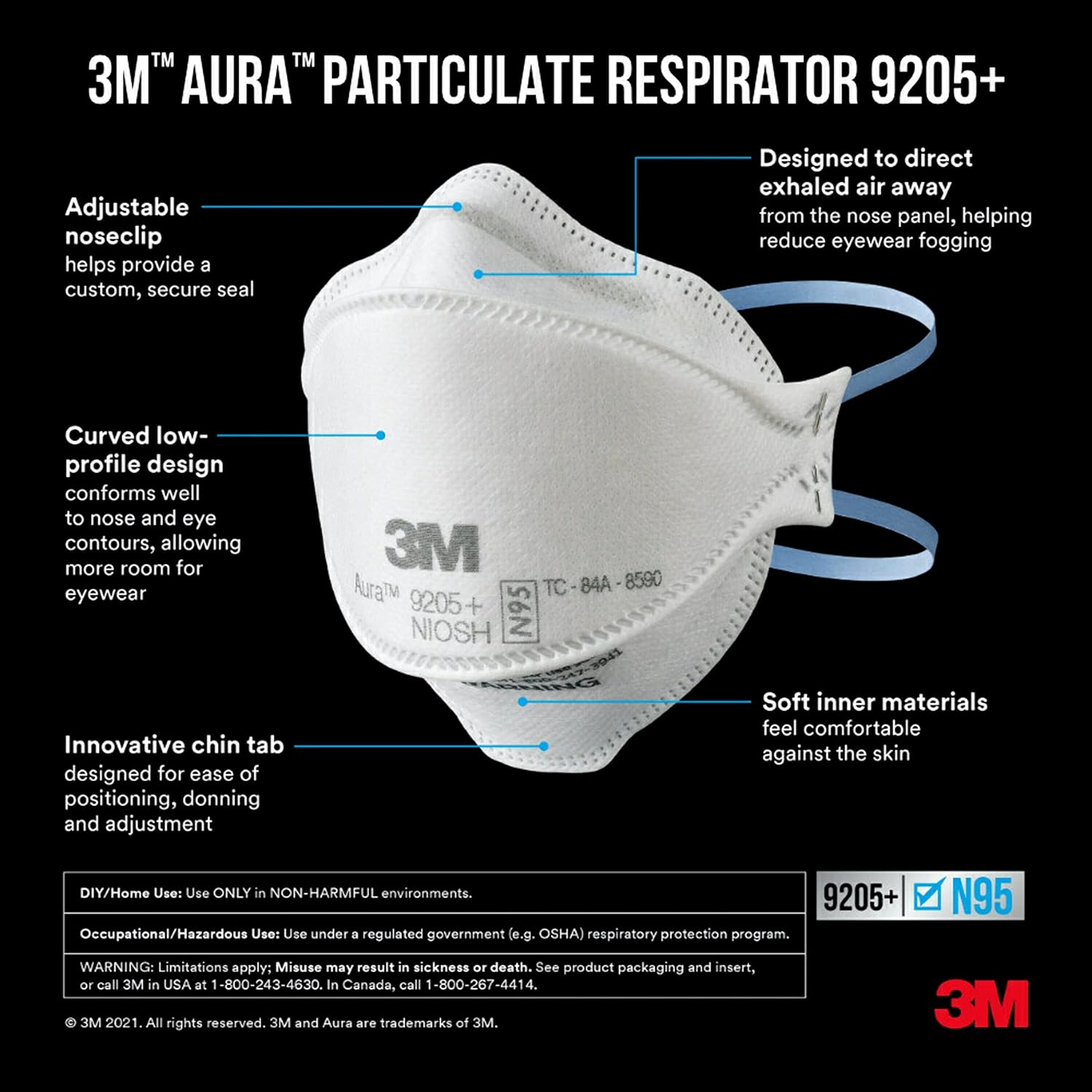 3M Aura Particulate Respirator 9205+ N95, Lightweight, Three Panel Designed Respirator Helps Provide Comfortable And Convenient Respiratory Protection, 10-Pack-2