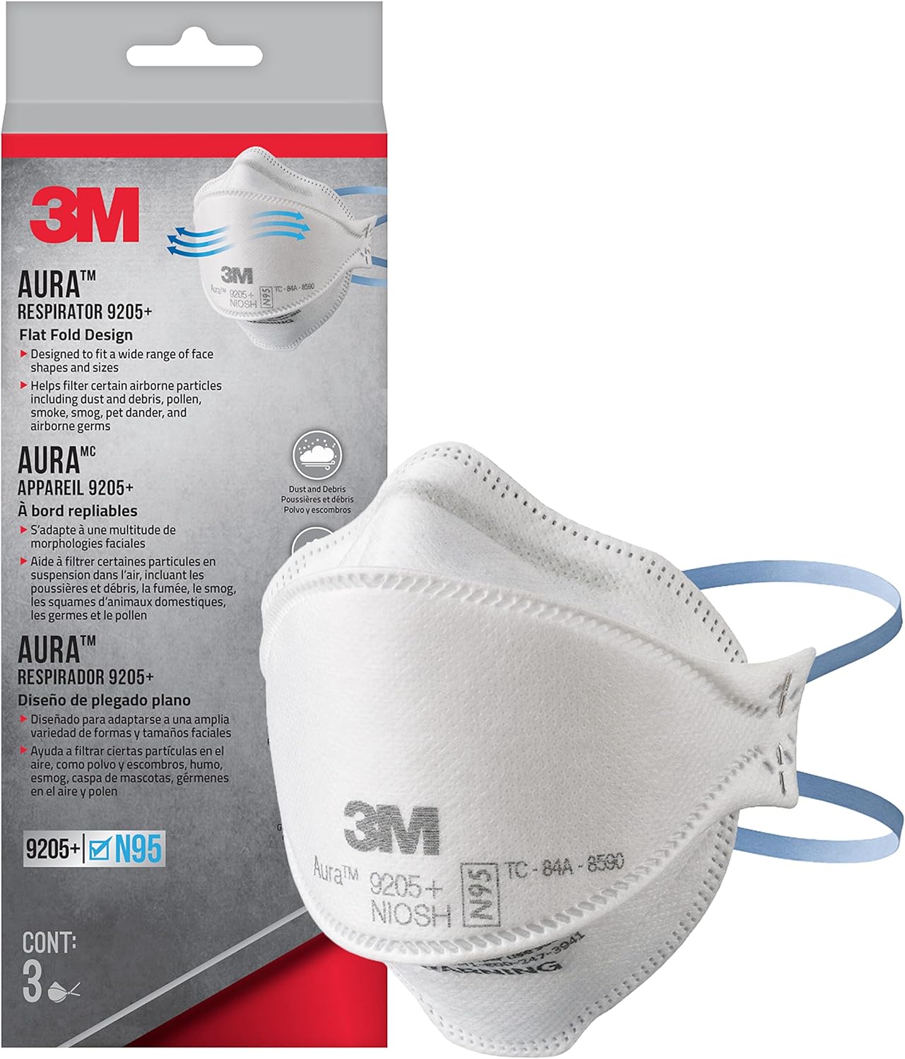 3M Aura Particulate Respirator 9205+ N95, Lightweight, 3 Panel Designed Helps Provide Comfortable and Convenient Respiratory Protection, 3-Pack-0