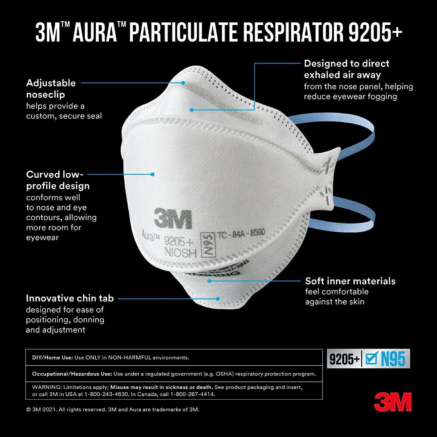 3M Aura Particulate Respirator 9205+ N95, Lightweight, 3 Panel Designed Helps Provide Comfortable and Convenient Respiratory Protection, 3-Pack-2