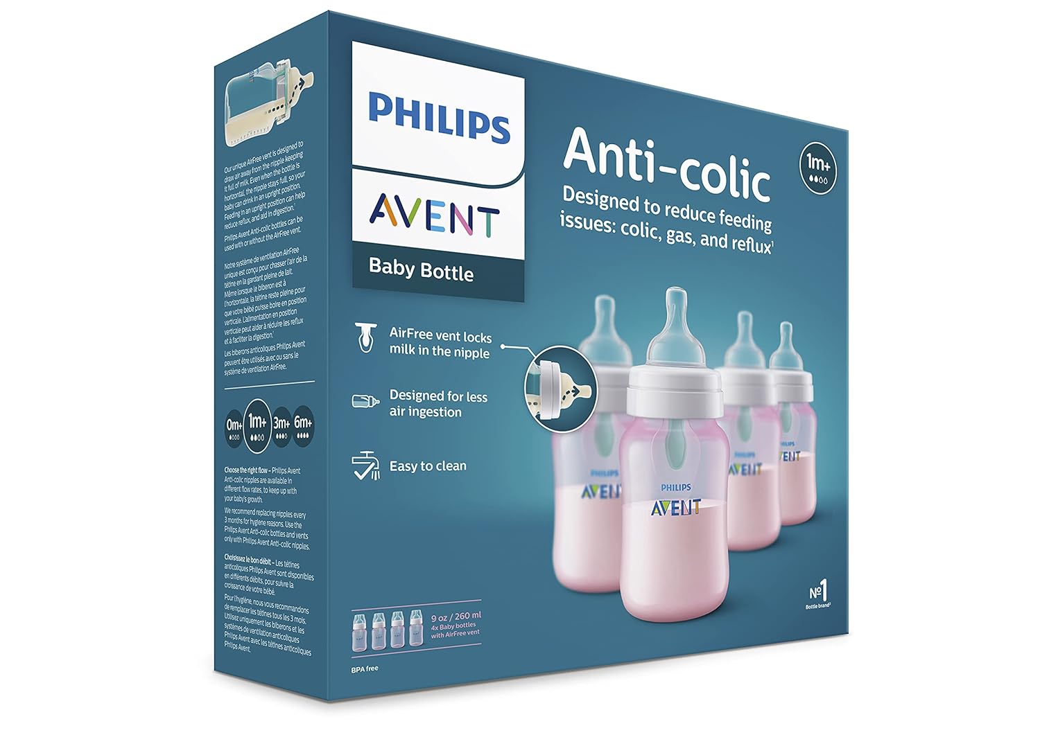 Philips Avent Anti-Colic Baby Bottle with AirFree Vent, 9oz, 4pk, Pink, SCY703/14-9