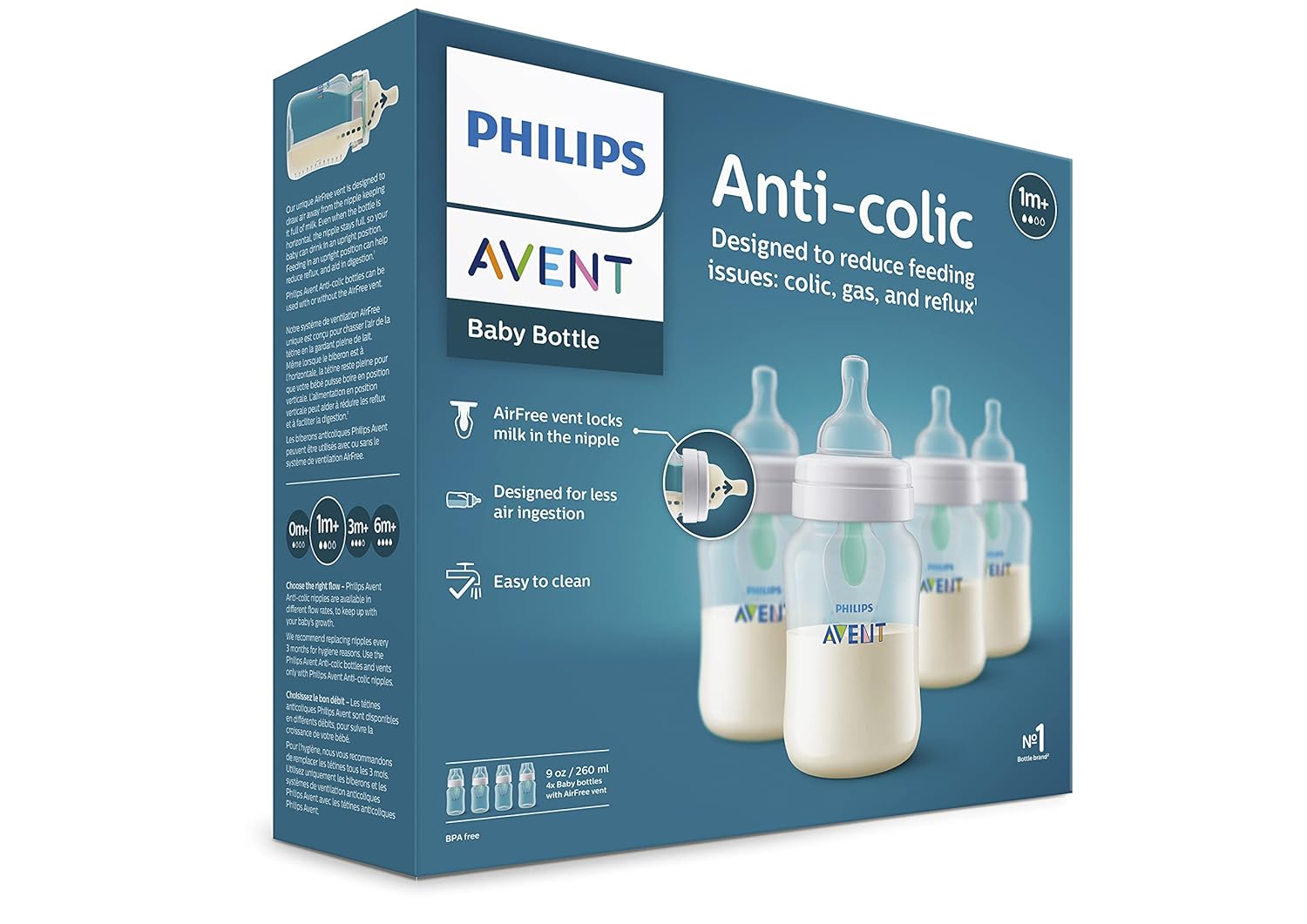 Philips Avent Anti-Colic Baby Bottle with AirFree Vent, 9oz, 4pk, Clear, SCY703/04-9