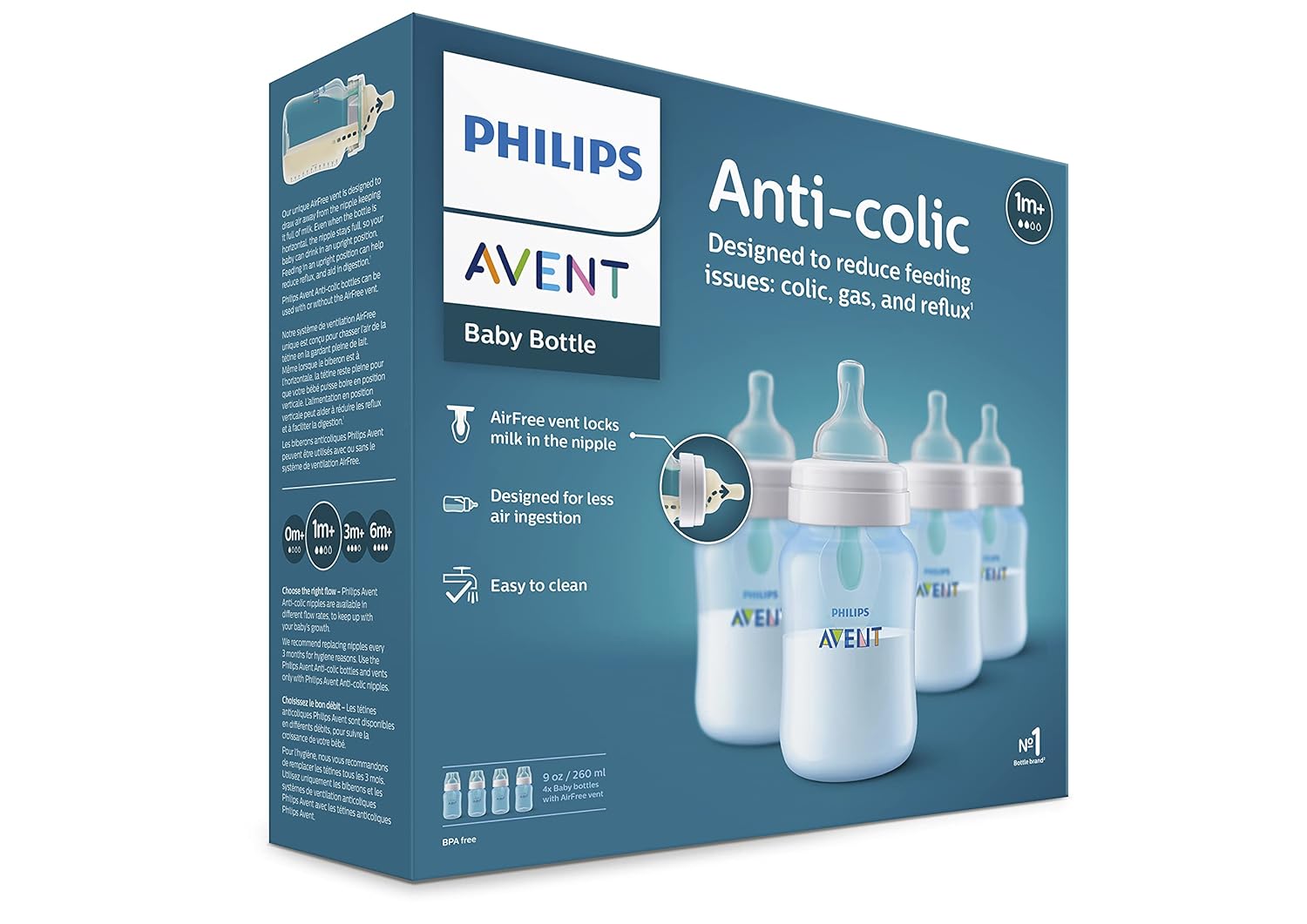 Philips Avent Anti-Colic Bottle with AirFree Vent, 9oz, 4pk, Blue, SCY703/24-9