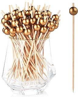 ALINK 100-Pack Cocktail Picks, Gold Pearl Fancy Toothpicks for Appetizers, Wooden Food Picks Skewers for Food, Drinks, Fruits Party, Charcuterie Accessories - 4.72 inch