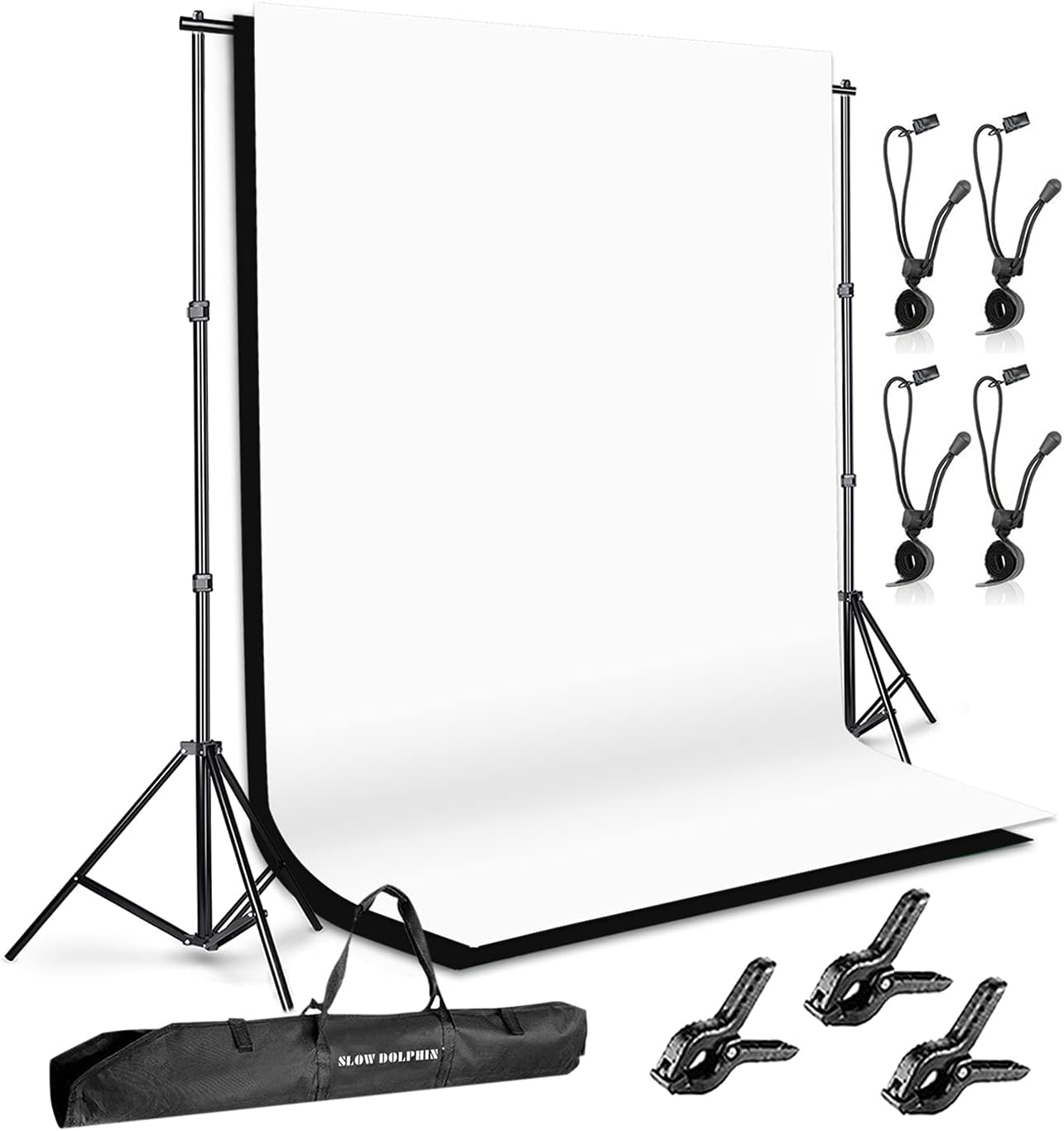 SLOW DOLPHIN Photo Background Support System with Backdrop Stand Kit, 100% Pure Muslin 6.5 Ft x 10 Ft (White/Black) Backdrop,Clamp, Carry Bag for Photography Video Studio-0