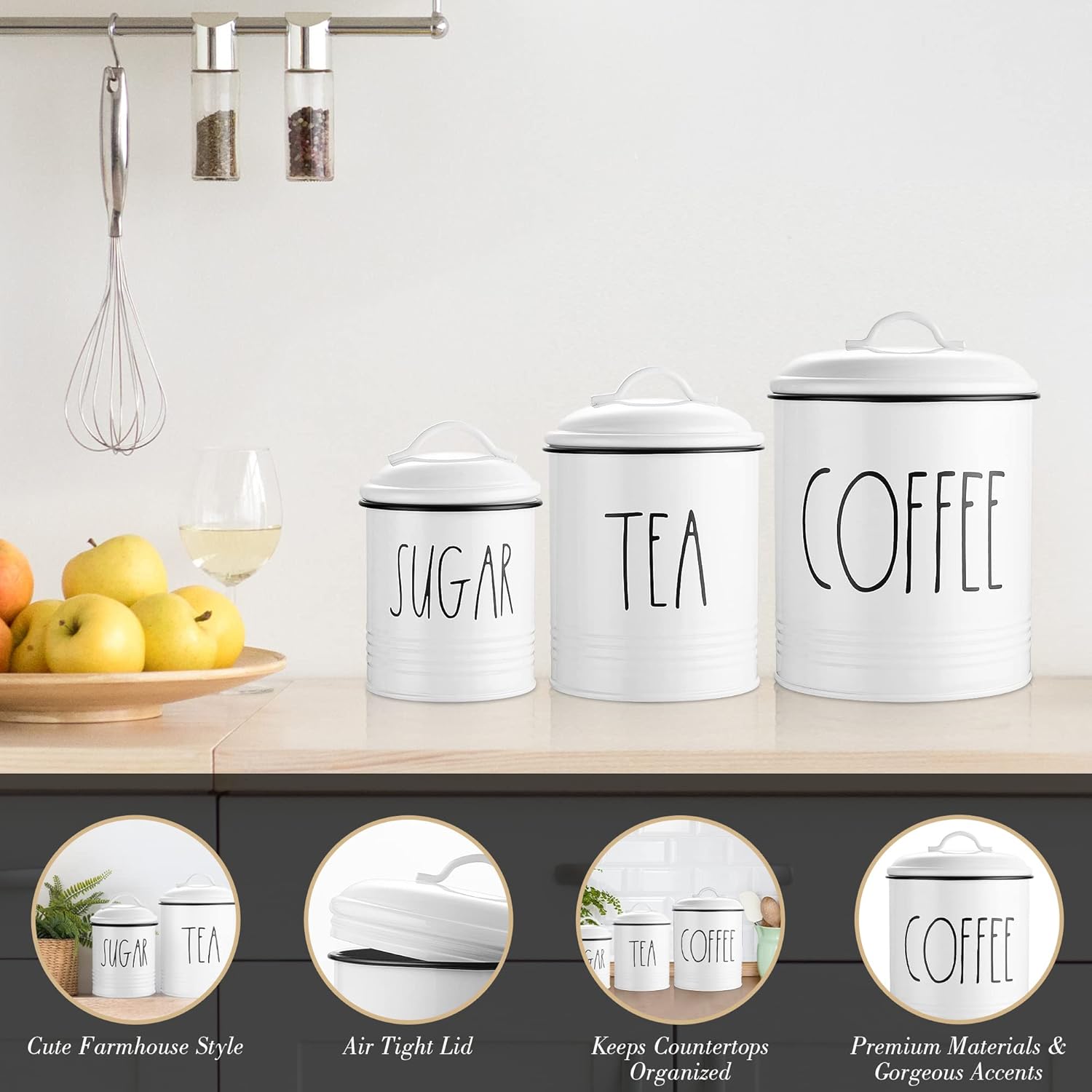 Brighter Barns Large Coffee Tea Sugar Canister Set Farmhouse Coffee Container Set - Large Airtight Food Storage Containers with Lids - Farmhouse Kitchen Decor - Coffee Station Decor & Accessories-1