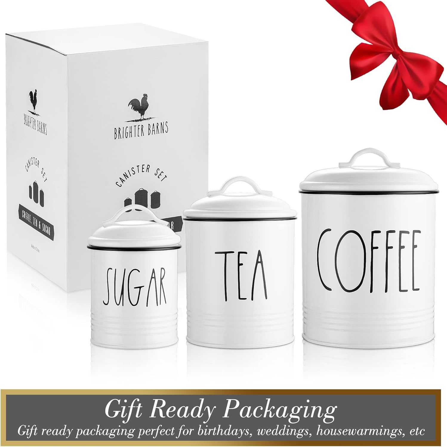 Brighter Barns Large Coffee Tea Sugar Canister Set Farmhouse Coffee Container Set - Large Airtight Food Storage Containers with Lids - Farmhouse Kitchen Decor - Coffee Station Decor & Accessories-2