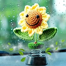 Sunflower Car Accessories Dashboard Decorations, Crochet Smiley Shaking Sun Flowers Bobblehead Dashboard Car Decor for Women, for Cute Girl Car Interior Desk Ornaments Gifts (H 5.2 in)