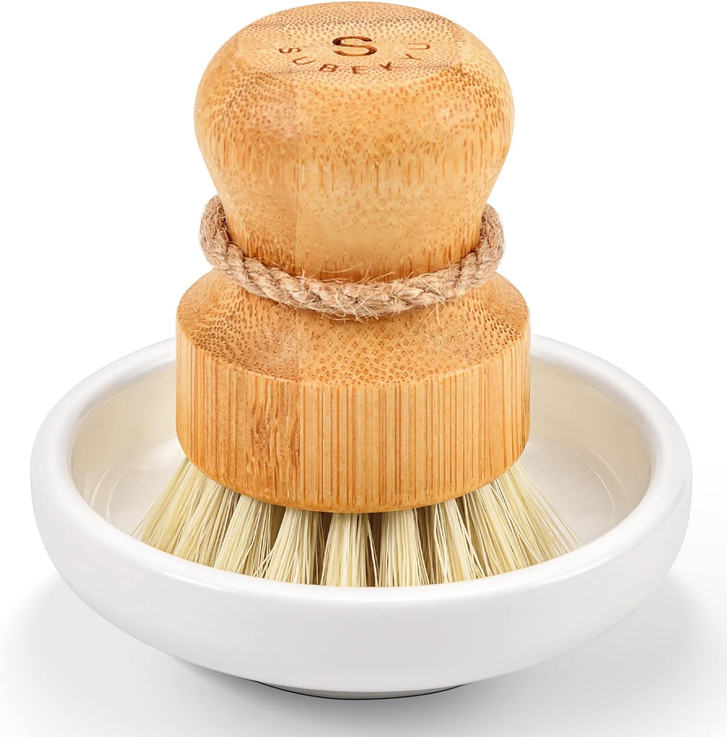 SUBEKYU Bamboo Dish Scrub Brush for Kitchen Sink, Natural Wooden Washing Dish Brush Scrubber, Sisal Bristles Brush for Household Cleaning Cast Iron Brush Pots, Pans and Vegetables-0