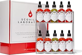 Thoughtfully Gourmet, Scoville Laboratory Hot Sauce Challenge Set, Includes Display Rack and Hot Sauces with Scoville Scale Flavors Ranging from 430-11,300, Set of 10