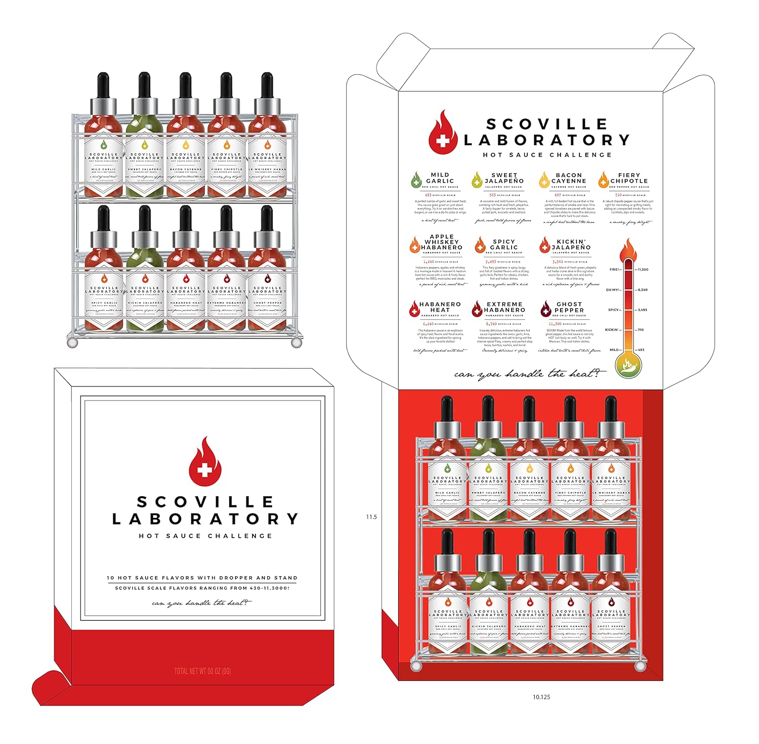 Thoughtfully Gourmet, Scoville Laboratory Hot Sauce Challenge Set, Includes Display Rack and Hot Sauces with Scoville Scale Flavors Ranging from 430-11,300, Set of 10-5