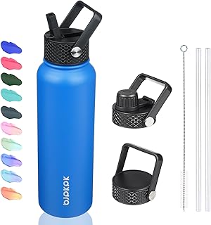 BJPKPK Insulated Water Bottles with Straw Lid, 40oz Stainless Steel Water Bottles with 3 Lids, Large Metal Water Bottle, BPA Free Leakproof Thermos Water Bottle for Sports & Gym- Sapphire