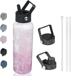 BJPKPK Insulated Water Bottles with Straw Lid, 40oz Stainless Steel Water Bottles with 3 Lids, Large Metal Water Bottle, BPA Free Leakproof Thermos Water Bottle for Sports & Gym- Blossom